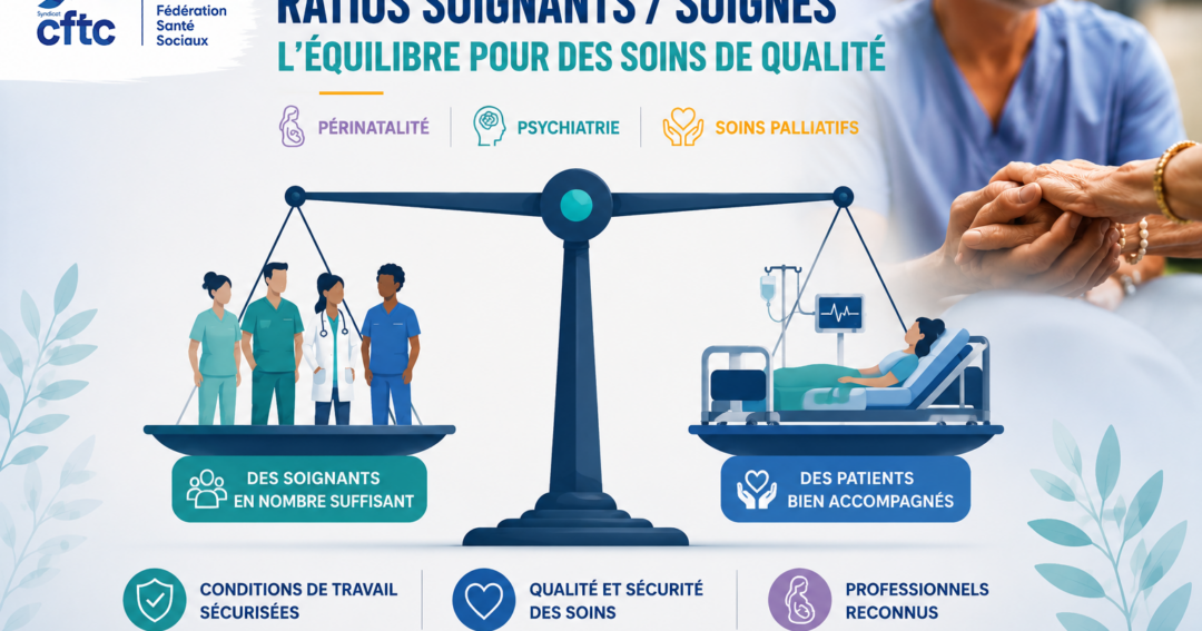Visuel illustrant une balance entre des soignants en nombre suffisant et des patients bien accompagnés, avec les mentions périnatalité, psychiatrie et soins palliatifs, aux couleurs de la Fédération CFTC Santé Sociaux.
