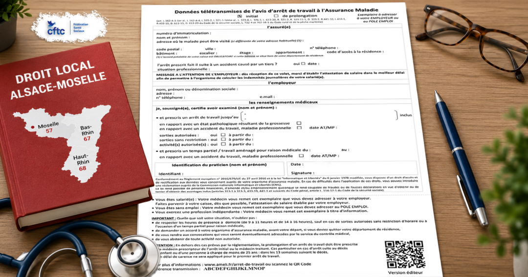 llustration représentant un arrêt de travail, le droit local d’Alsace-Moselle et la contre-visite médicale, avec une balance de la justice et des symboles de protection des salariés.